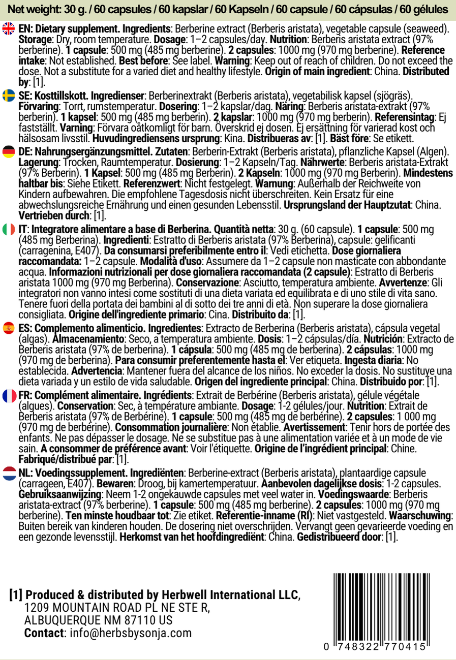 Herbs By Sonja - Natural health supplements - Wholesale Oral Supplement/Vitamin - Berberine HCL 500mg capsules – 97% Pure | Pure & Vegan3