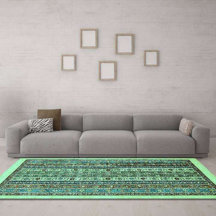 Tapis moderne de couleur turquoise abstraite lavable en machine pour la vente par Ahgly