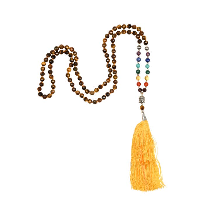 Mala 7 Chakras, Tiger Eye With Orange Tassel, 108 Pearls for wholesale by Bodynova