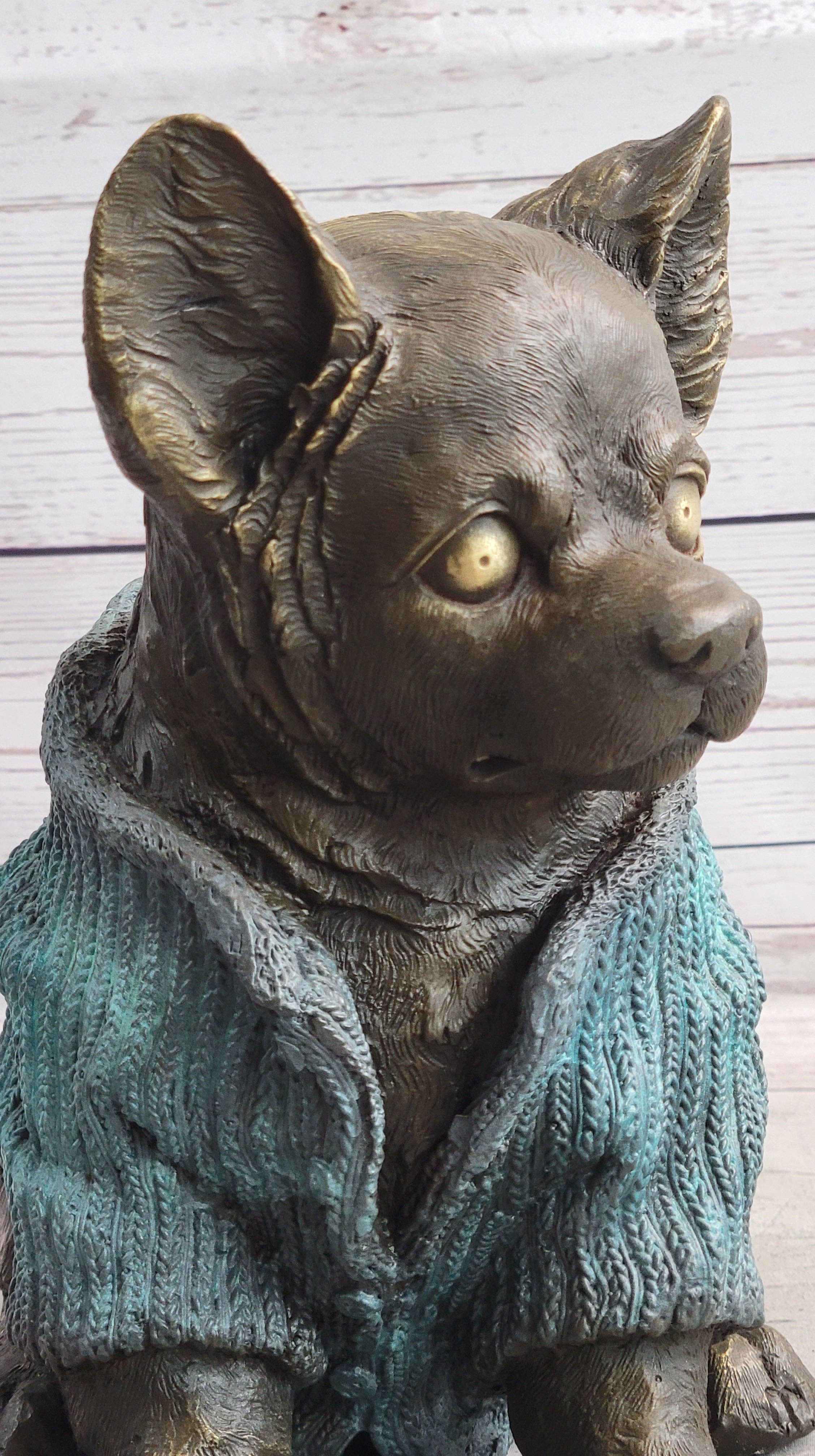 Bronzhaus - Wholesale Sculpture - Chihuahua Puppy Dog Wearing Blue Sweater Bronze Metal Figurine Sculpture Decor7