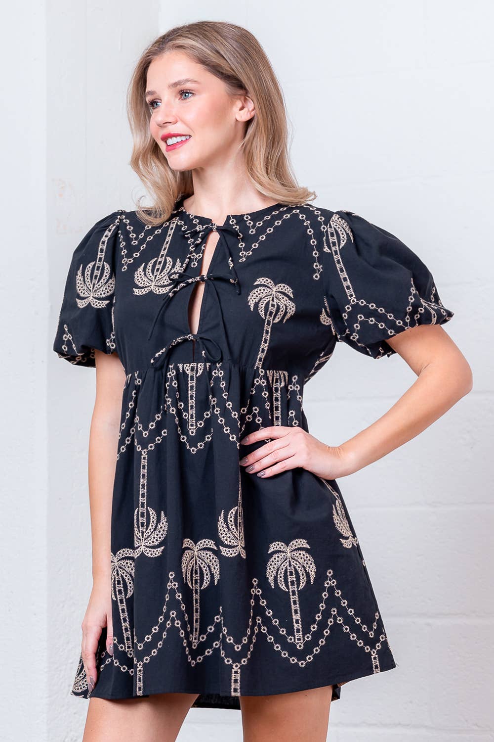 MULTI NOIR PD20375T-ROBE COURTE À MANCHES COURTES AVEC BRODERIE ET NŒUD DEVANT en vente sur Faire3