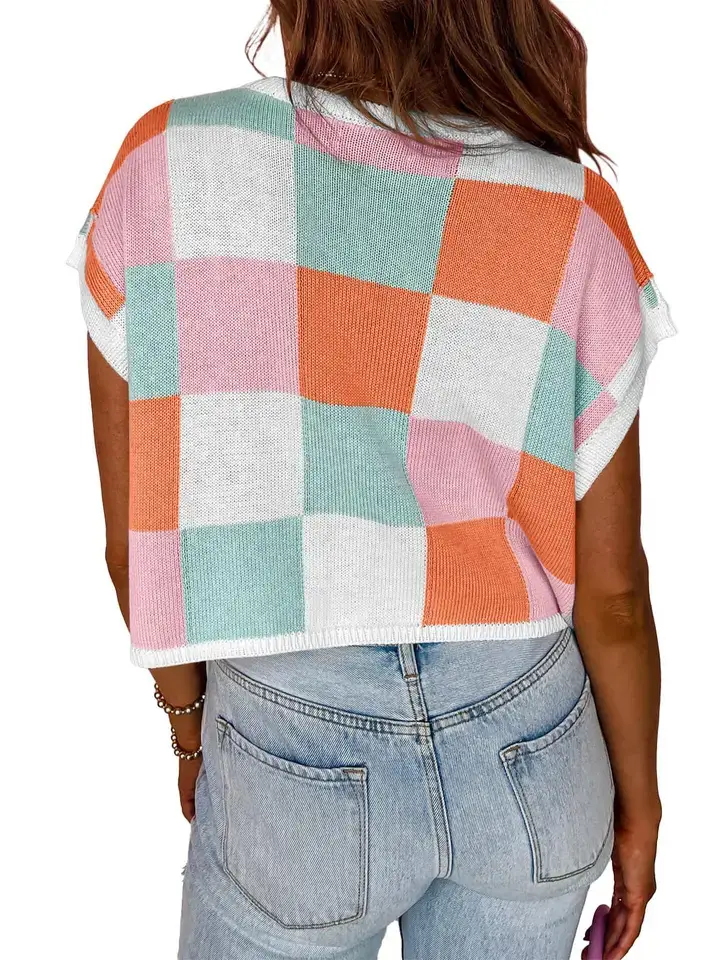 Lovesoft - Wholesale Sweater Vest - Women's - Plaid Colorblocked Skeleton Knit Vest1