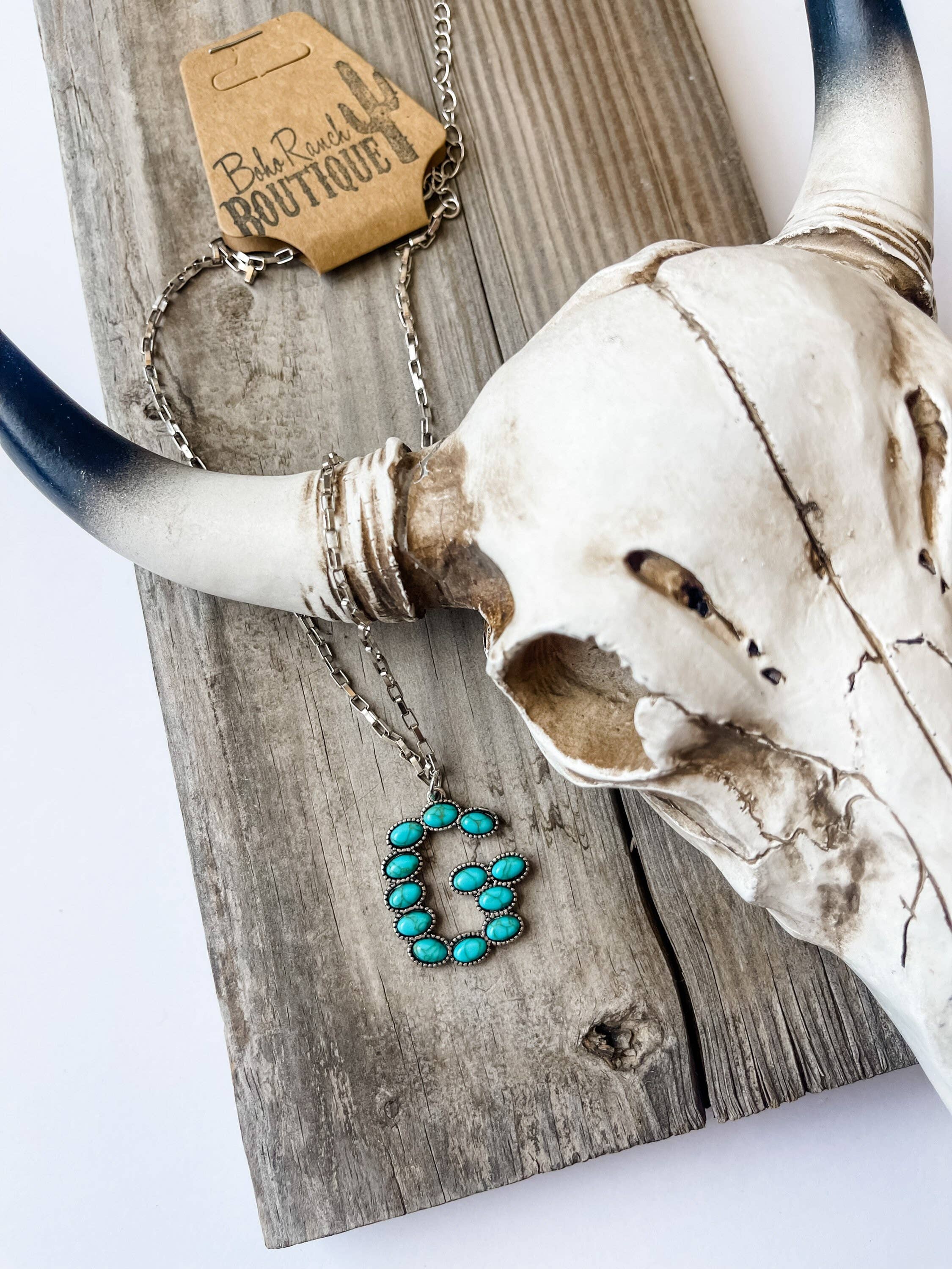 Boho Ranch Shop - Wholesale Pendant/Charm Necklace - Western Turquoise Oval Stone Initial Necklace4