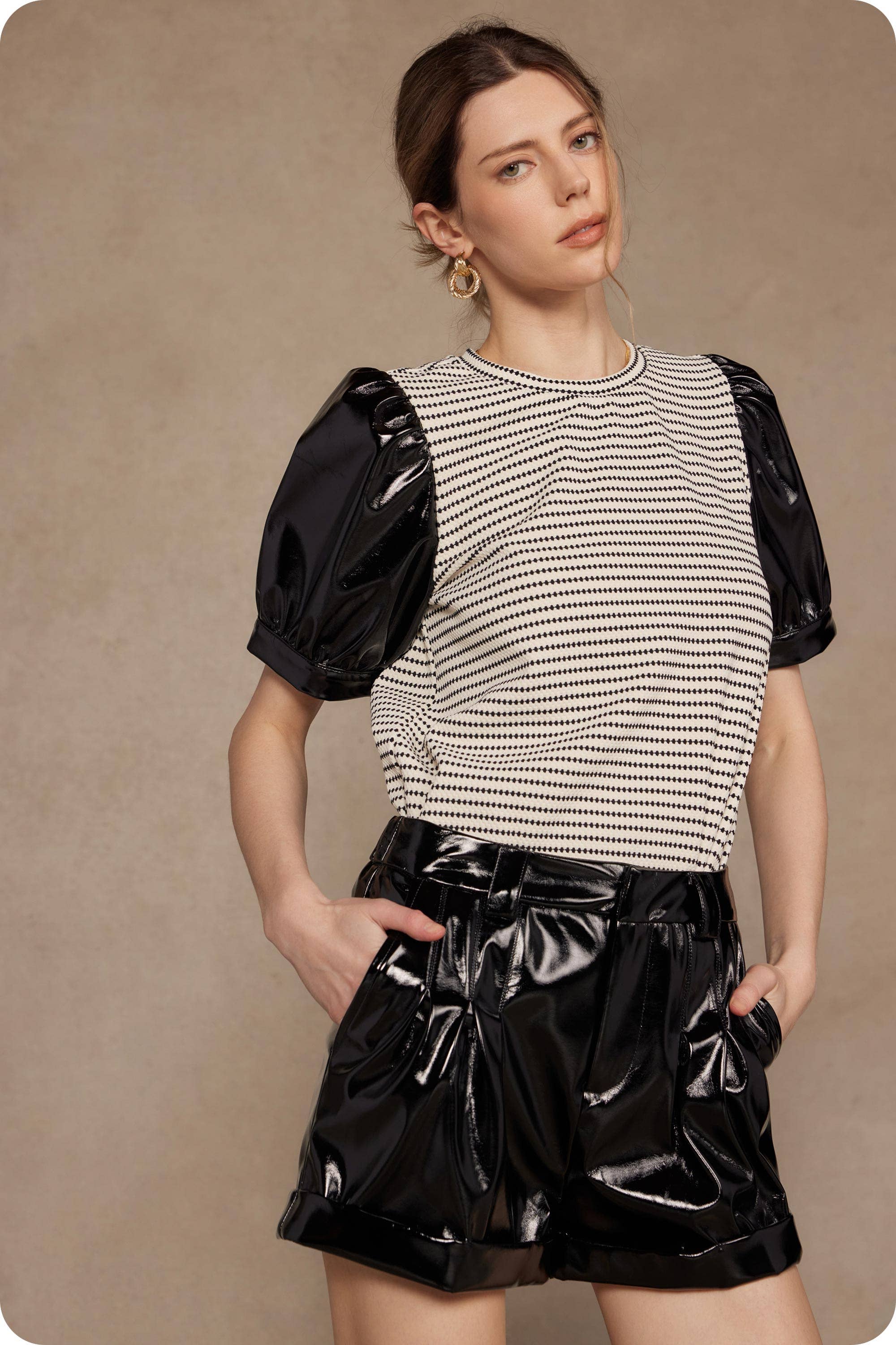 Strut & Bolt - Wholesale Blouse - Women's - Faux Leather Sleeve Texture Knit Tee Top7