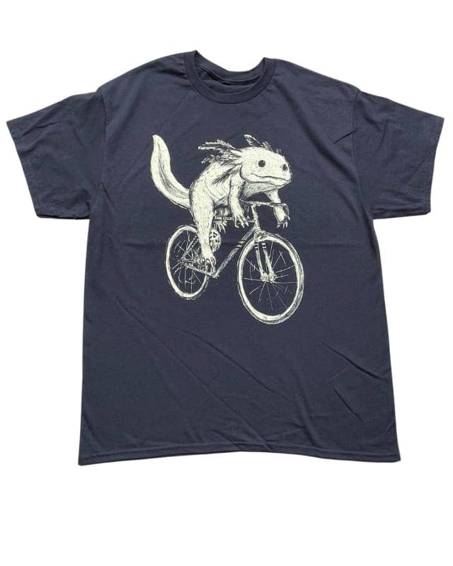 Dark Cycle Clothing - Vendita all'ingrosso Maglietta serigrafata - Uomo - Axolotl on A Bicycle - Camicia da uomo/unisex1