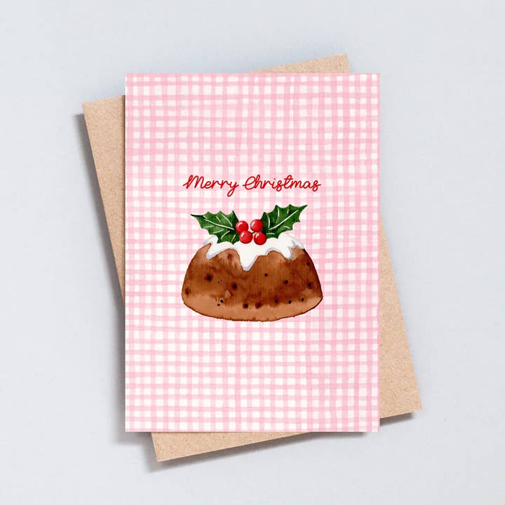 Watercolour Christmas Pudding Card – Pink Gingham Festive Gr for wholesale by The Type Club