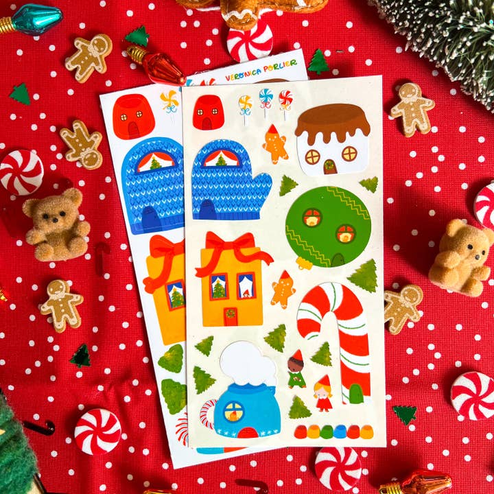 Christmas Houses Sticker Sheet for wholesale by Veronica Porlier Illustrations
