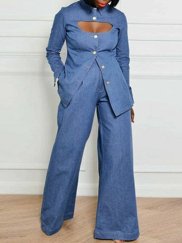 DENIM BLUE High-Waisted Jeans with Pockets and Lapel Blouse Sets for wholesale on Faire8