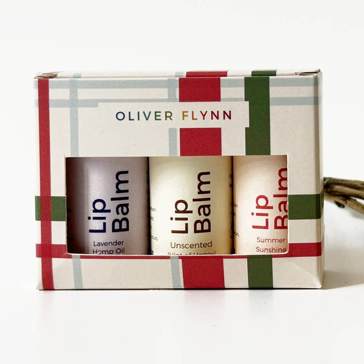 Conjunto de Oferta de Bálsamo Labial Trio com Tema de Xadrez Festivo por atacado de Oliver Flynn Plastic Free Shop