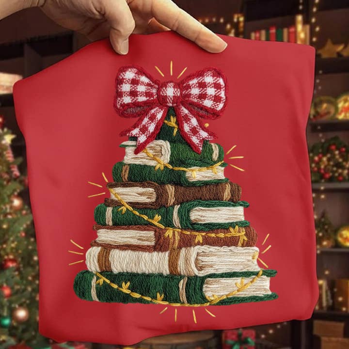 DLT Ecommerce - Wholesale T-Shirt (Graphic) - Women's - Faux Yarn Christmas Book Tee, Yarn Chunky Knit Retro Sweater1