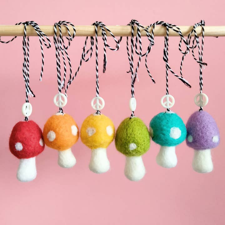 Felted Groovy Mushroom Car Charms / Hangings for wholesale by The Happy Hooker