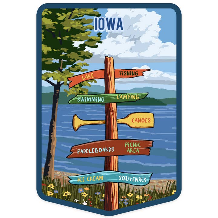 STICKERS Iowa, Signpost, Lake & Flowers for wholesale by Lantern Press