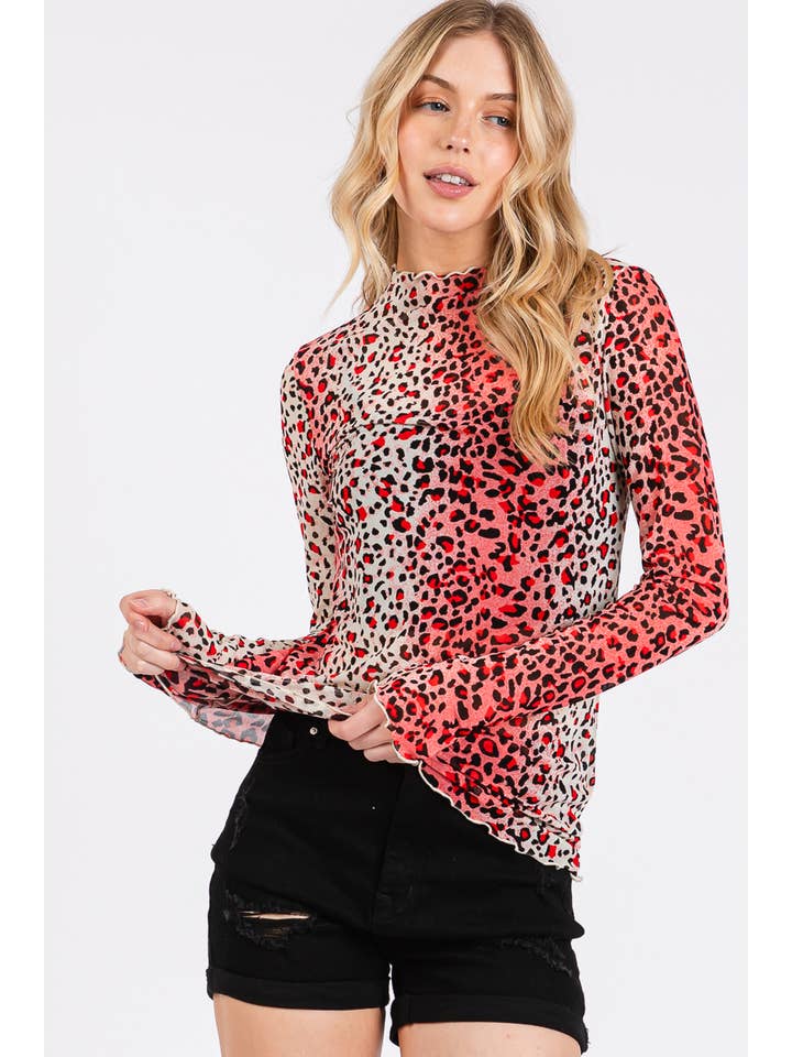 PINK MULTI Leopard Printed Mesh Long Sleeve Top for wholesale on Faire7