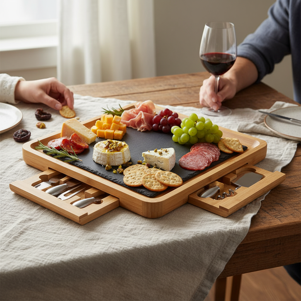 Kadra Kitchenware – wholesale Cheese board – Bamboo Charcuterie Board with Cheese Tools & Platter1