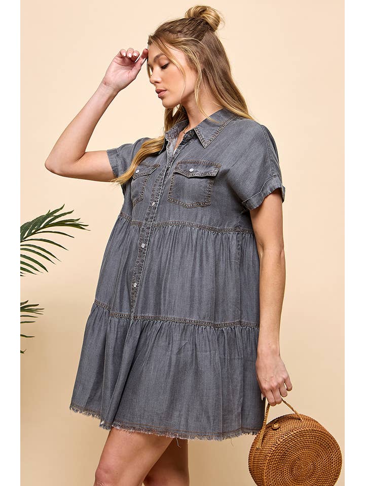 TIERED BUTTON DOWN DENIM DRESS for wholesale on Faire5