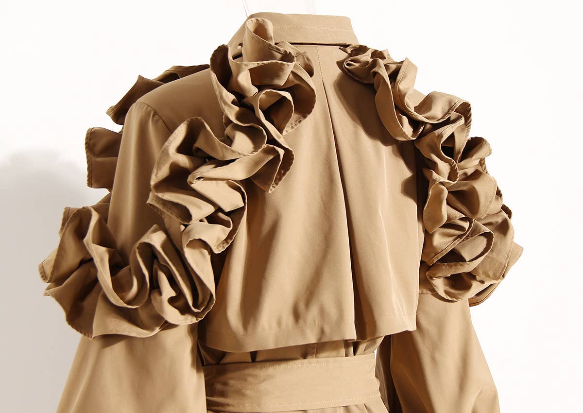 Khaki CT020 Women's Shoulder Ruffle Commuter Knee Length Coat for wholesale on Faire9