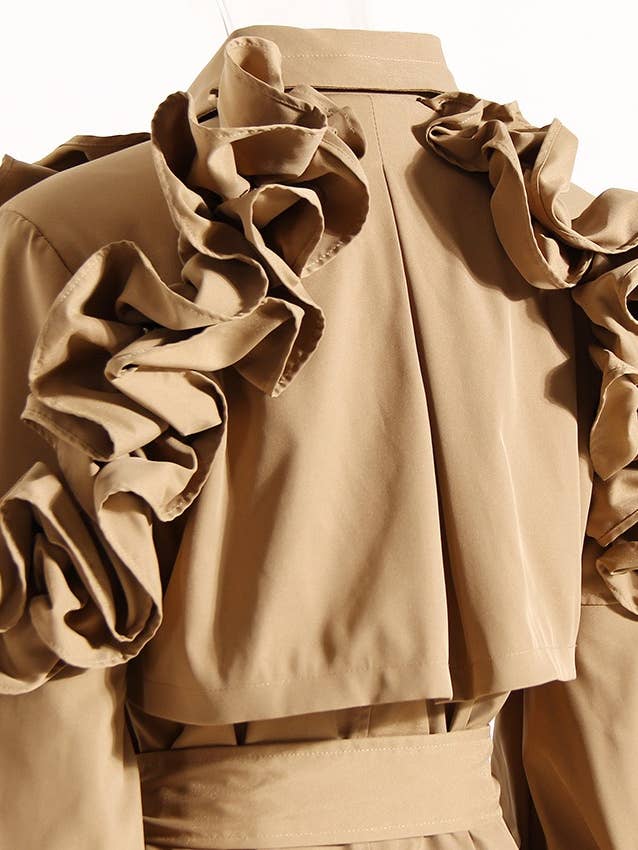 Khaki CT020 Women's Shoulder Ruffle Commuter Knee Length Coat for wholesale on Faire9
