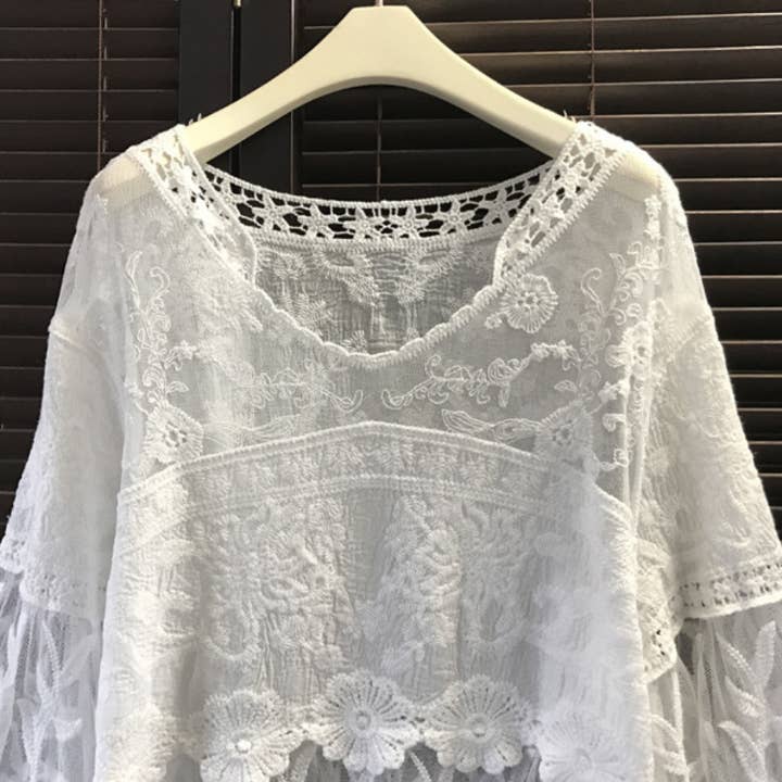 White Crosa - Floral Bell Sleeve Pullover for wholesale on Faire