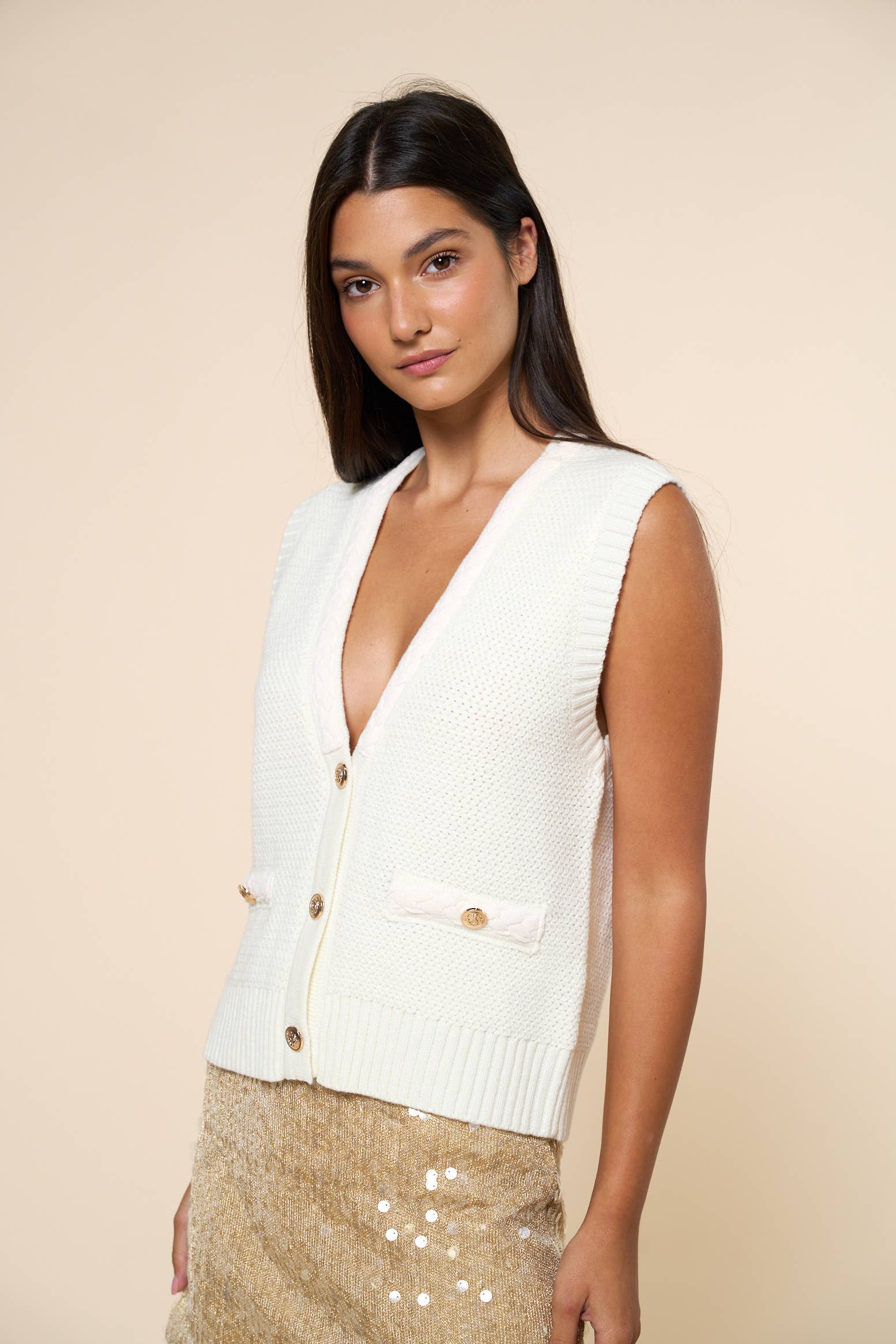 Lalavon - Vente Pull sans manches – femme - Gilet sans manches à boutons dorés ILT57646