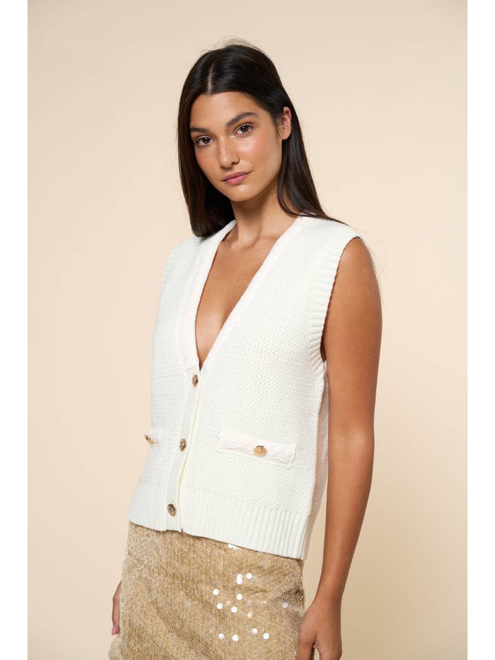 Lalavon - Vente Pull sans manches – femme - Gilet sans manches à boutons dorés ILT57646