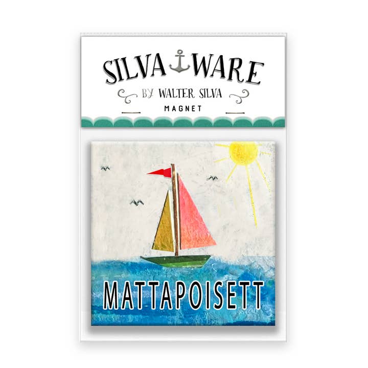 Collage Sailboat MATTAPOISETT Souvenir Square ART Magnet for wholesale by Silva Ware By Walter Silva