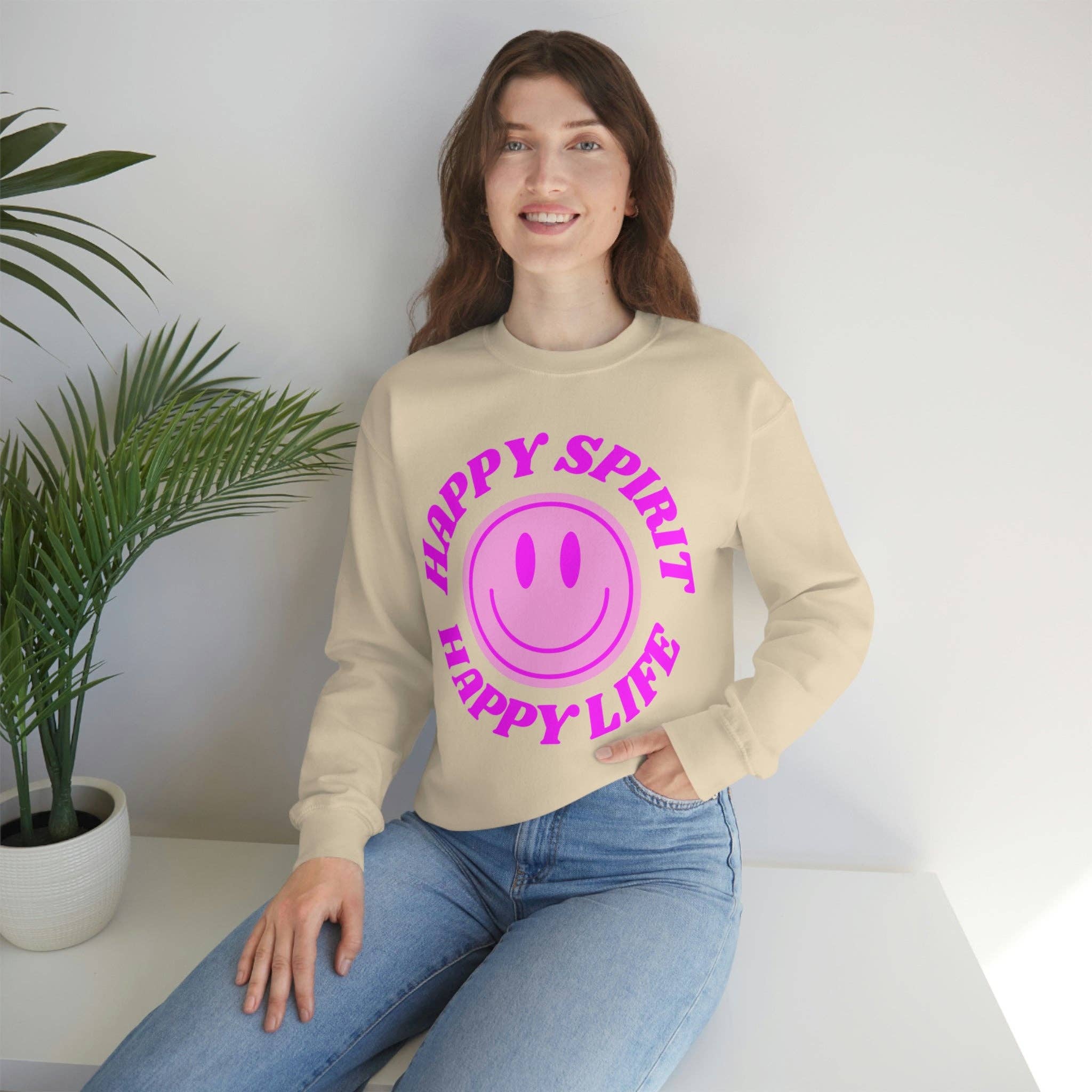 Happy Life Stuff - Wholesale Graphic Sweatshirt - Women's - Happy Spirit Happy Life Sweatshirt, VSCO Girl Crewneck, Oversized Retro Font Graphic Tumblr, Front Print Smile Face Trendy Cover Up20