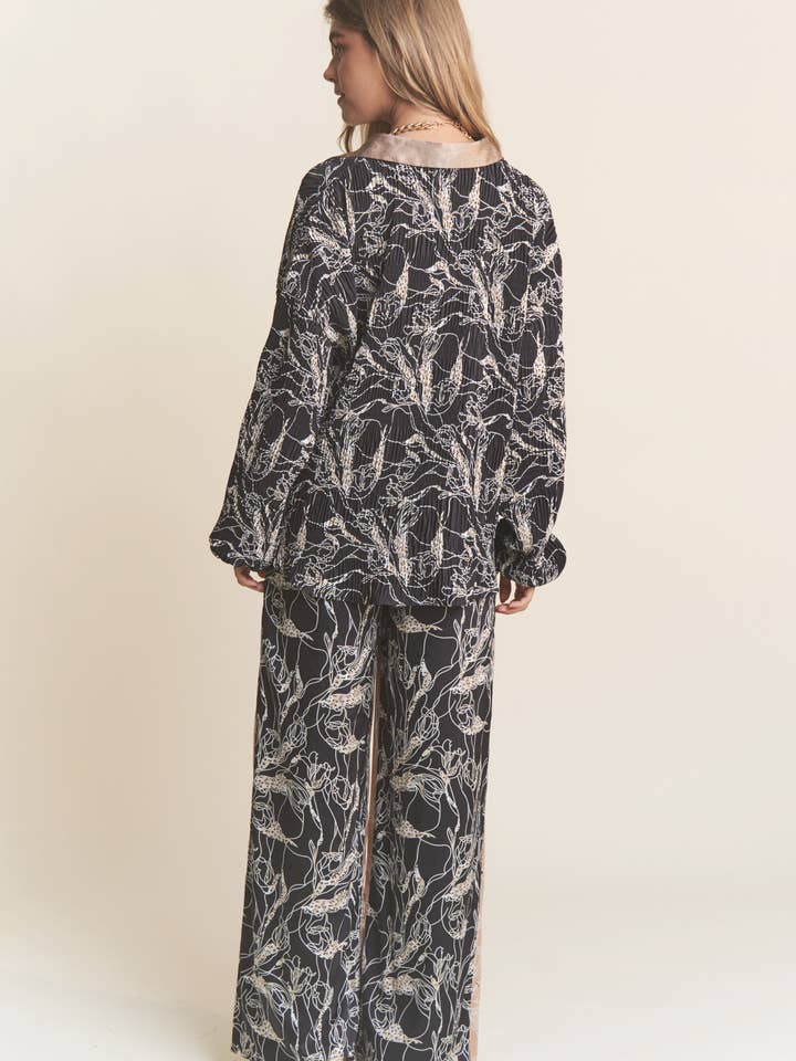 Champagne Black Satin Multi Pattern Color Block Wide Leg Slacks for wholesale on Faire8