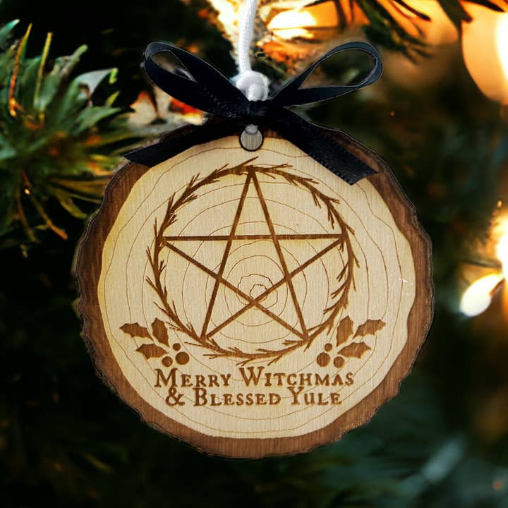 Faux Wood Slice Yule Ornament - Blessed Yule Merry Witchmas for wholesale by Ghoul Mom Designs
