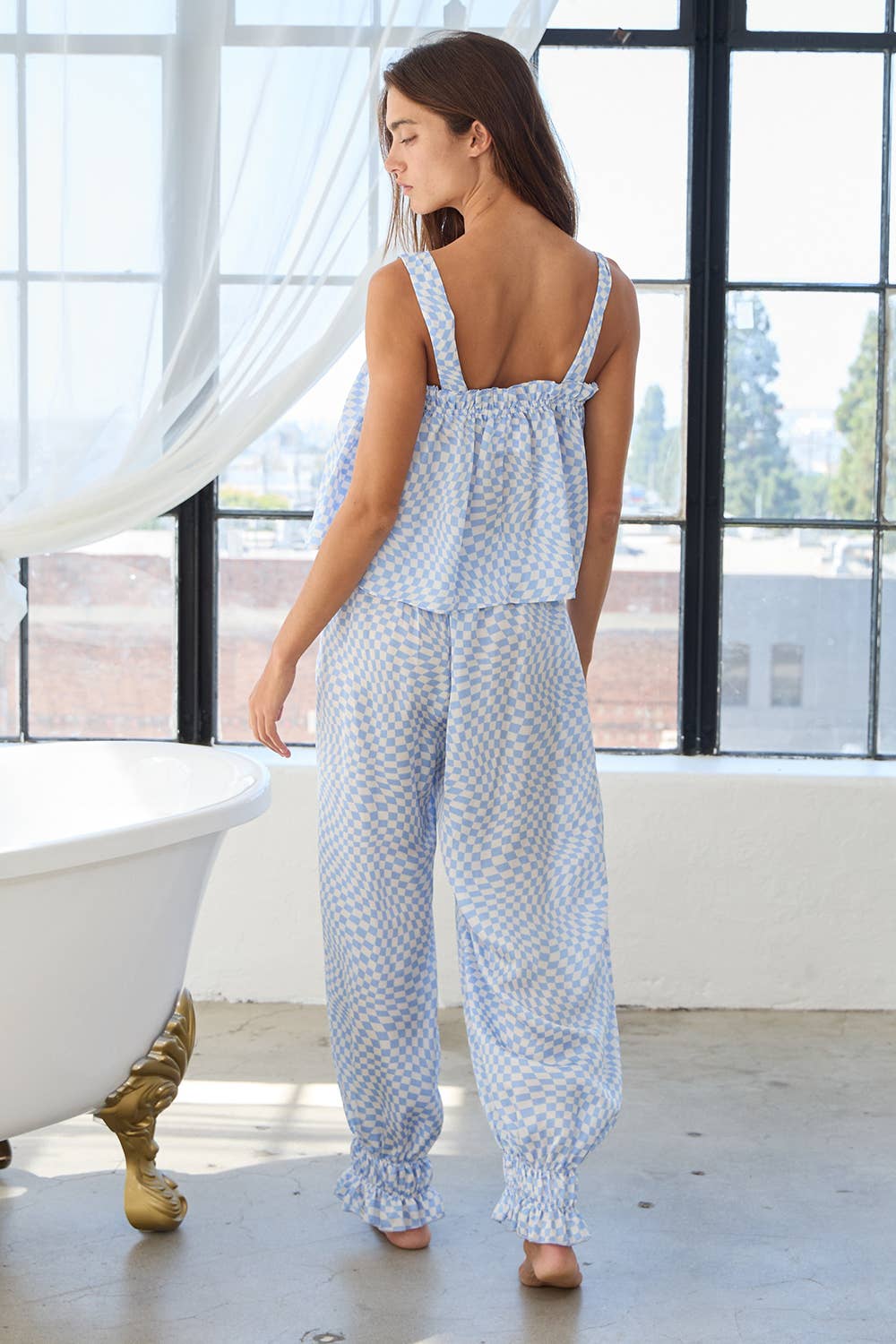 Blue T2427-SET Checker Geometric Ruffled Pajama Tank & Pants Sets for wholesale on Faire10