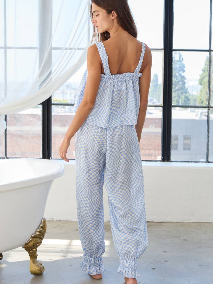 bleu Ensembles débardeur et pantalon de pyjama à volants géométriques à carreaux T2427-SET en vente sur Faire10