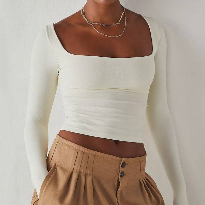 safistyle - Wholesale Knit Top - Women's - Square Neck Fitted Long Sleeve Top4