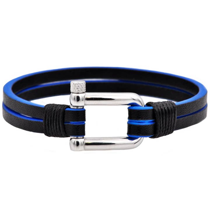 Men's Black And Blue Leather Stainless Steel Bracelet for wholesale by Blackjack Mens Jewelry