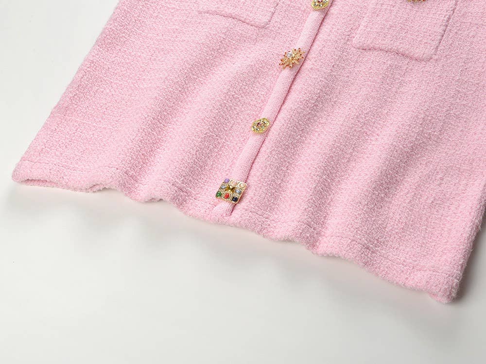 Productseeker – Großhandel Set aus Oberteil und Rock – Damen – SET45Y Tweed-Strick-Set mit kurzem Oberteil und Rock in Diamantknopf-Design15