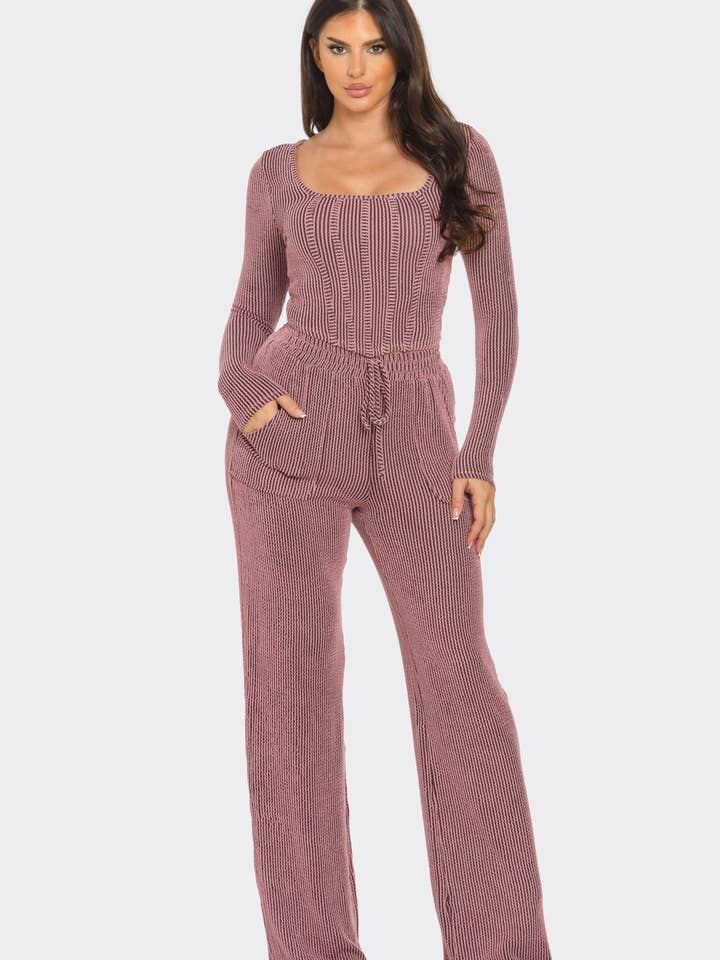 Julia by LoveJ - Wholesale Lounge Set - Women's - Prime Rib Striped Pattern Top And Pants Set