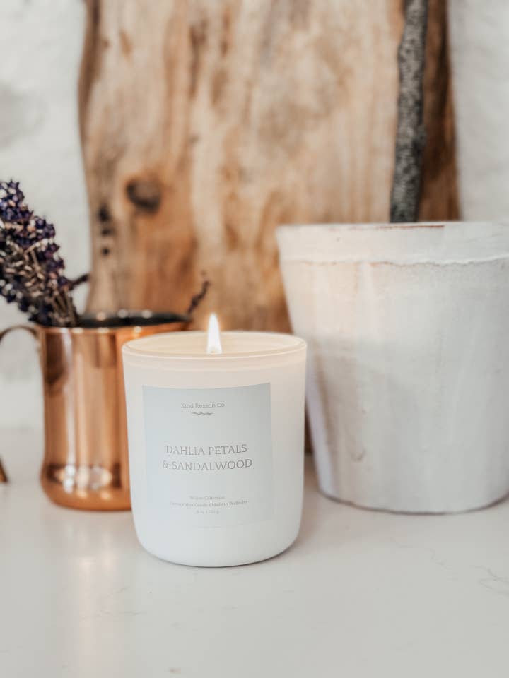 Dahlia Petals & Sandalwood | 8oz Coconut Wax Candle for wholesale by Kind Reason Co