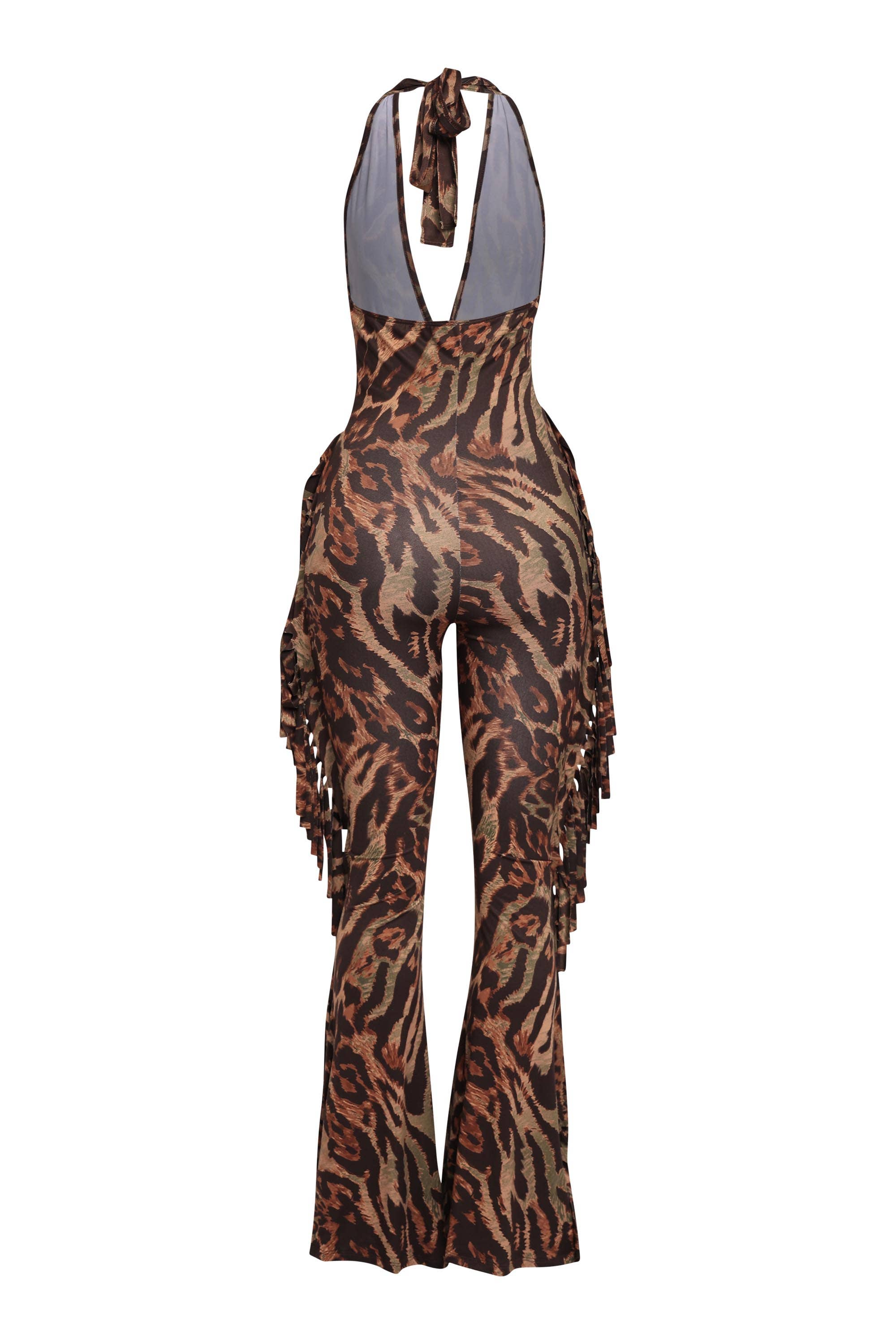 OLIVE COMBO Leopard halter fringe jumpsuit for wholesale on Faire2