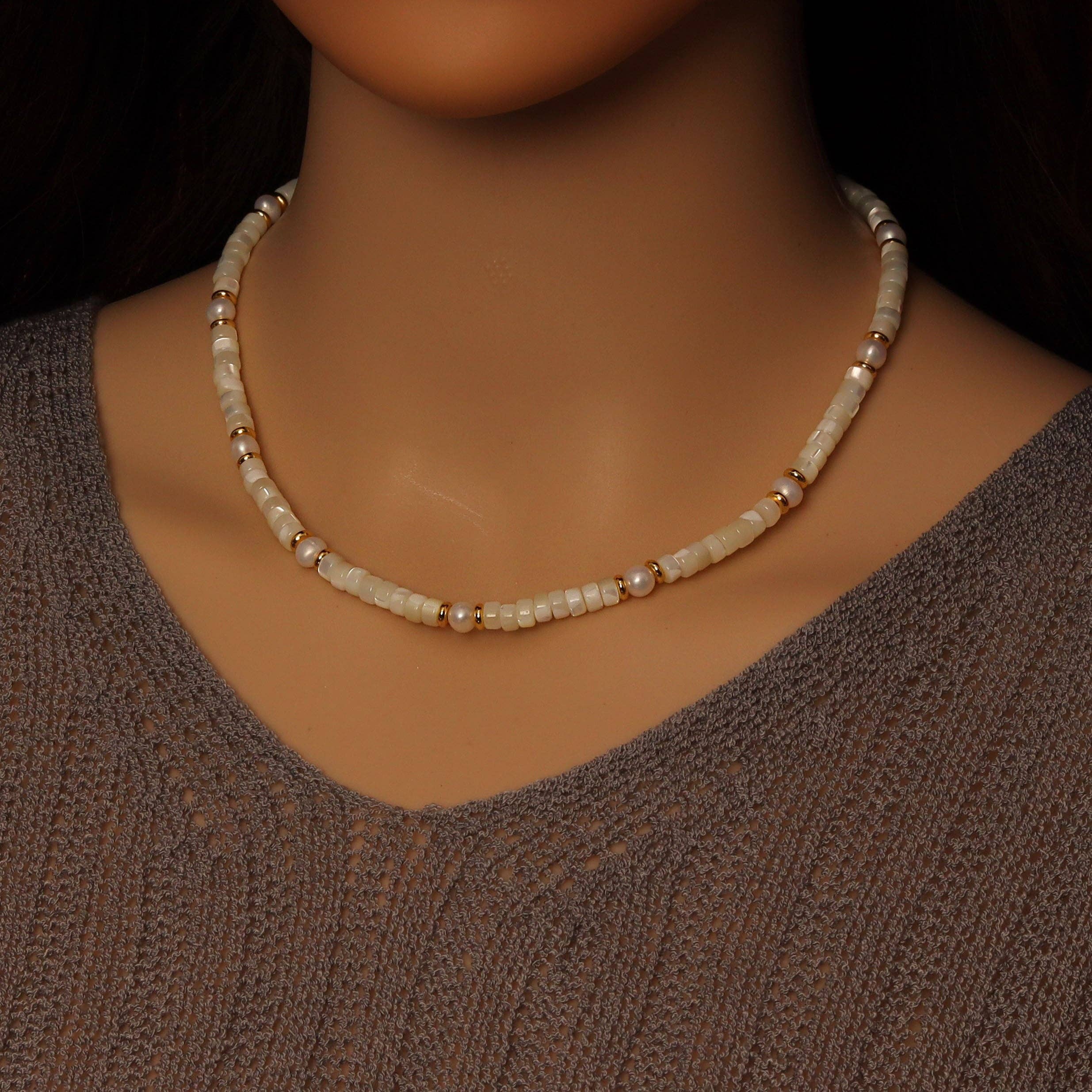 BestBeads&Beyond - Wholesale Beaded/Pearl Necklace - Natural Mother of Pearl Heishi Beads with Gold spacer neckla1