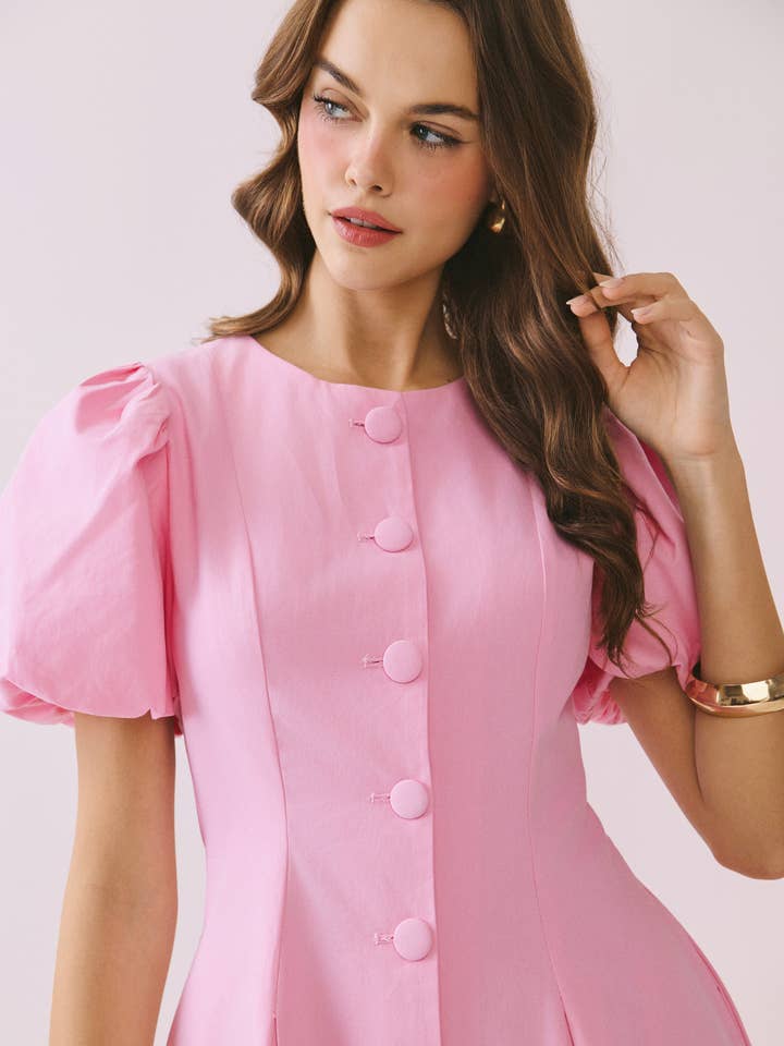 CD06108-Voluminous Puff Sleeves Covered Button Down Dress for wholesale by TCEC