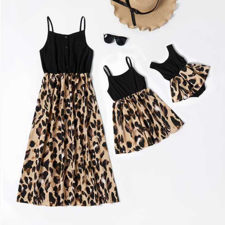 Leopard Print Splice Black Sling Dresses for Mommy and Me for wholesale by PatPat Matching