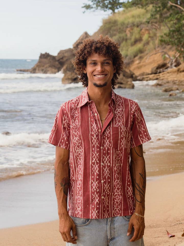 Mens Short Sleeve Button Down - ORGANIC COTTON - Brick Mezcal for wholesale by Guava Lane