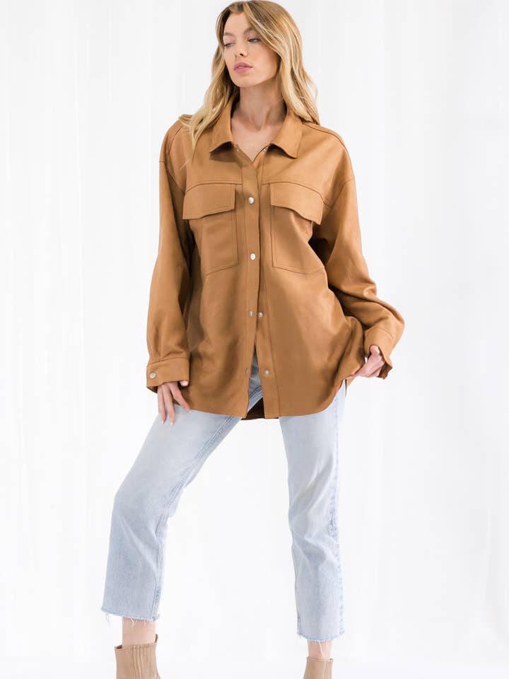 VIJ2329 - OVERSIZED FAUX SUEDE BUTTON UP SHIRT for wholesale by The vintage shop