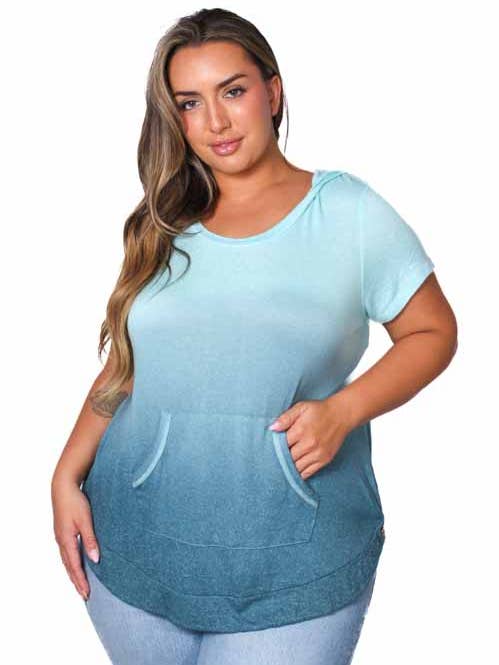 Good Stuff Apparel - Wholesale Hoodie - Women's - Women's Plus Short Sleeve Front Pocket Dip Dye Hoodie Top1