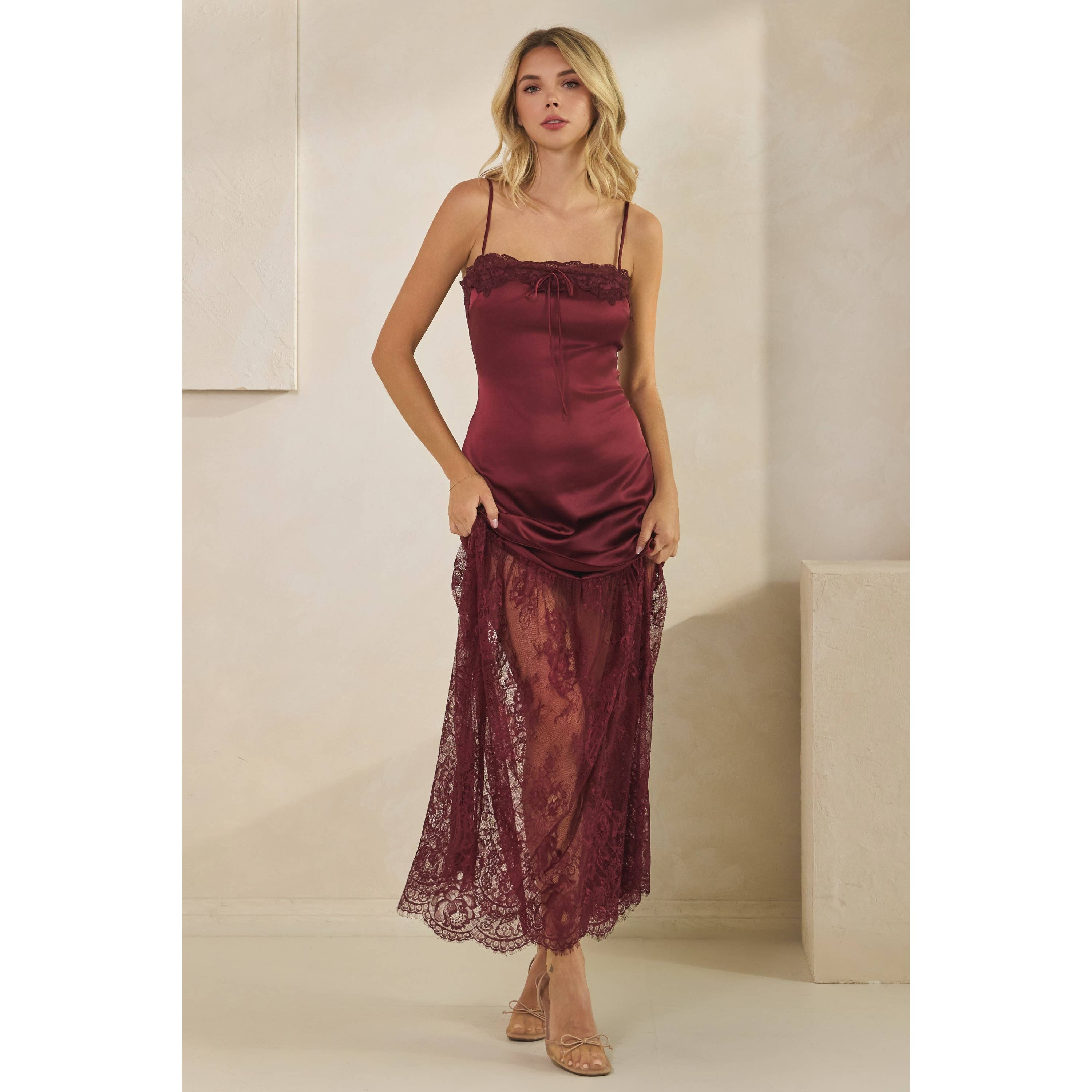 Honey Mango - Wholesale Dress - Women's - Lace Trim Satin Maxi Slip Dress21