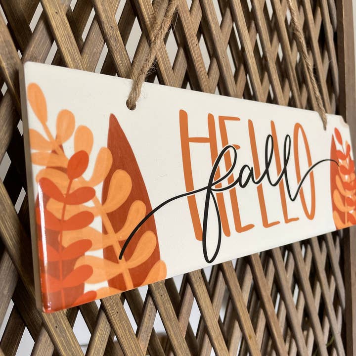 Hello Fall Wall Decor | Ceramic Door Hanging | Fall & Thanksgiving Home Sign for wholesale by Fiddles & Fern