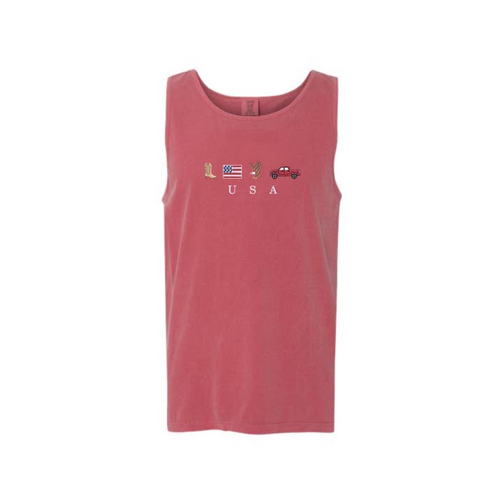 Arden & Gold - Wholesale Tank Top - Women's - Embroidered USA Icons Comfort Colors Tank Top | 4th Of July 4