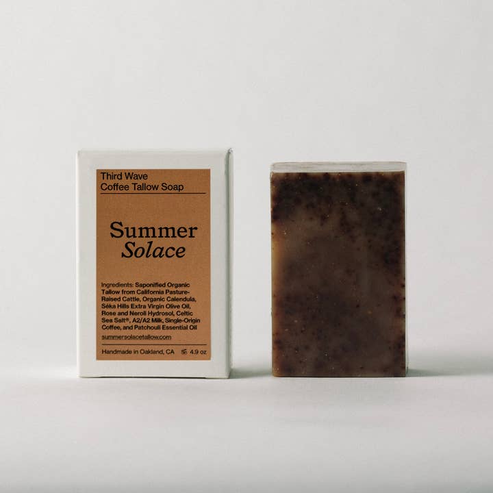 SUMMER SOLACE- Regenerative Tallow Beauty - Venta al por mayor Pastilla de jabón - Tercera Ola – Jabón de Barra de Café y Pachulí, 4.9 oz