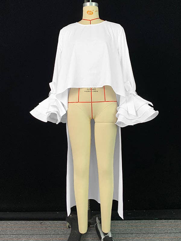 WHITE High-Low Loose Solid Color Split-Joint Tiered Round-Neck Blouses&Shirts Tops for wholesale on Faire10