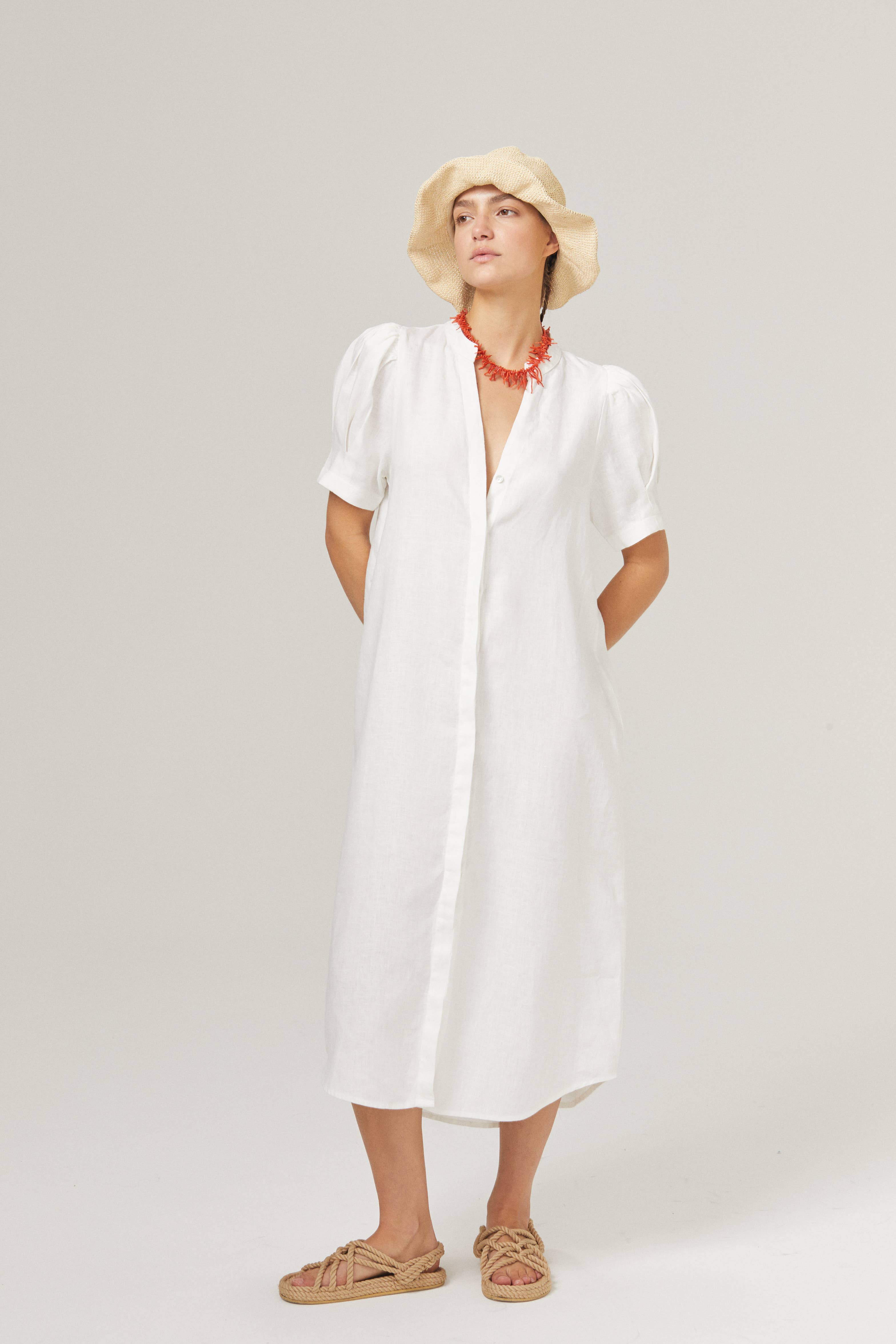 Athina Midi Linen Dress - White for wholesale on Faire2
