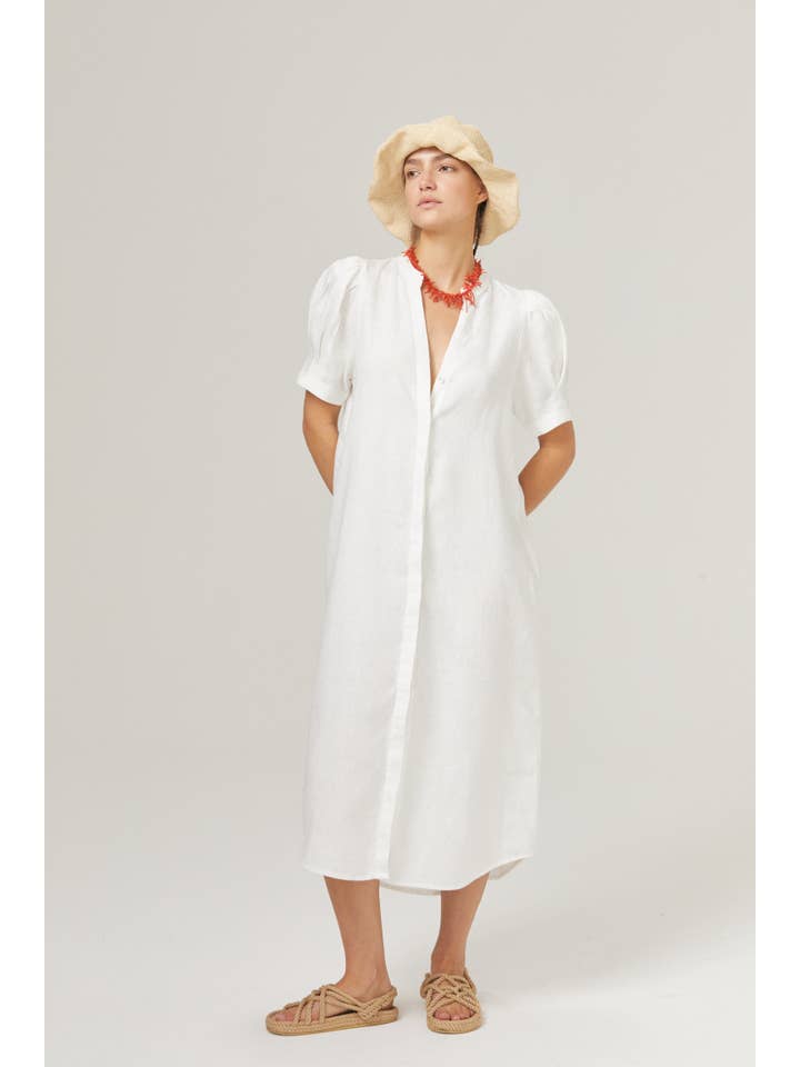 Athina Midi Linen Dress - White for wholesale on Faire2