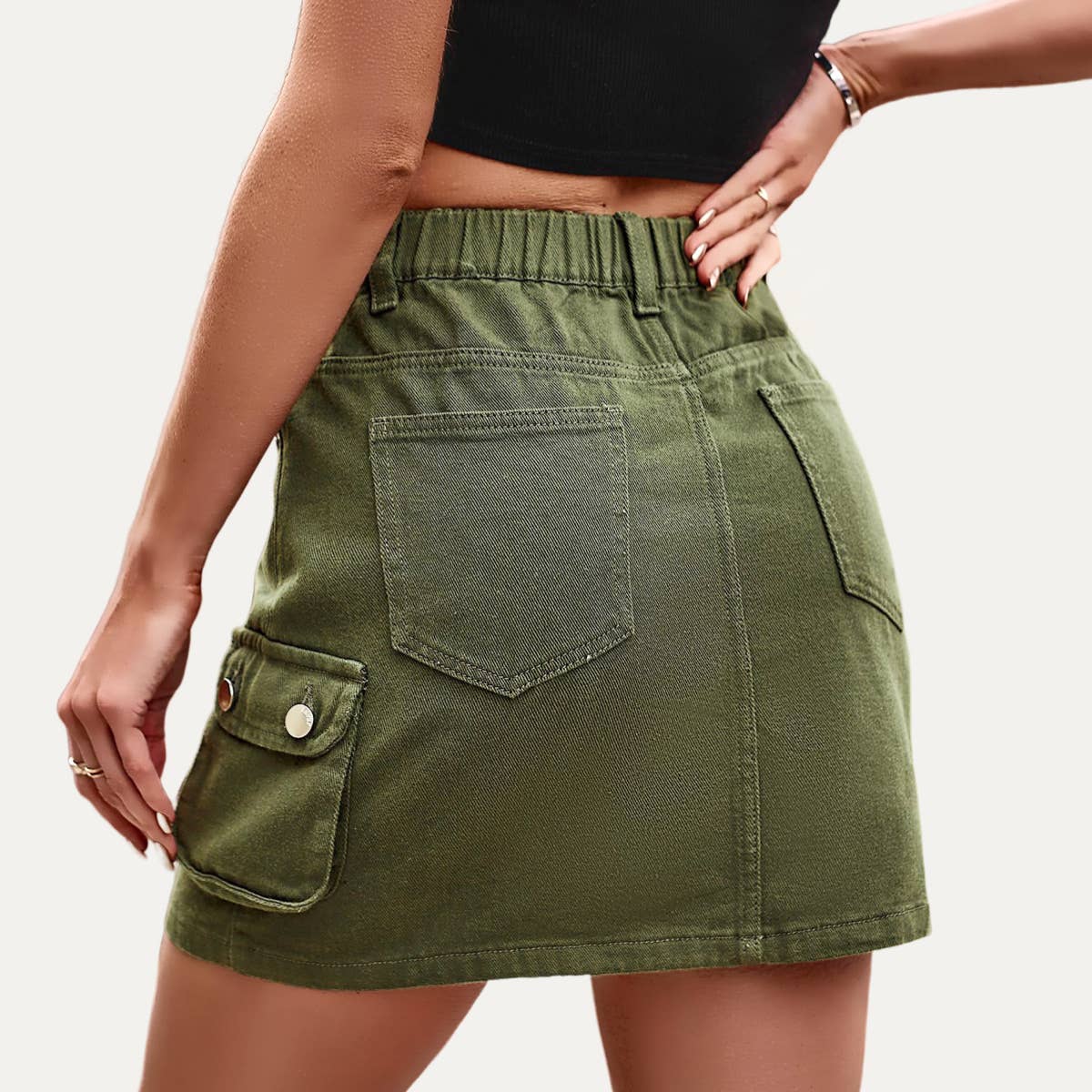The Moment Collection - Wholesale Skirt - Women's - Trendy Olive High Waisted Denim Mini Skirt2